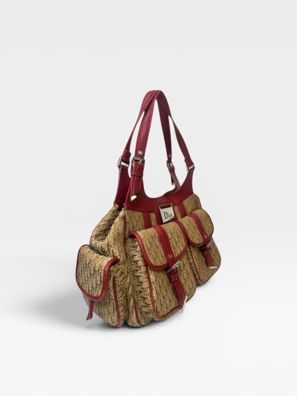 Dior Trotter Red Leather Trim Beige Logo Canvas Shoulder Bag - Picture 2 of 8
